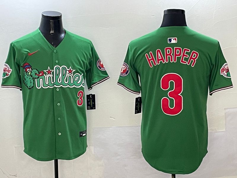 Men Philadelphia Phillies #3 Harper Green Three generations Joint Name Game 2025 Nike MLB Jersey style 2